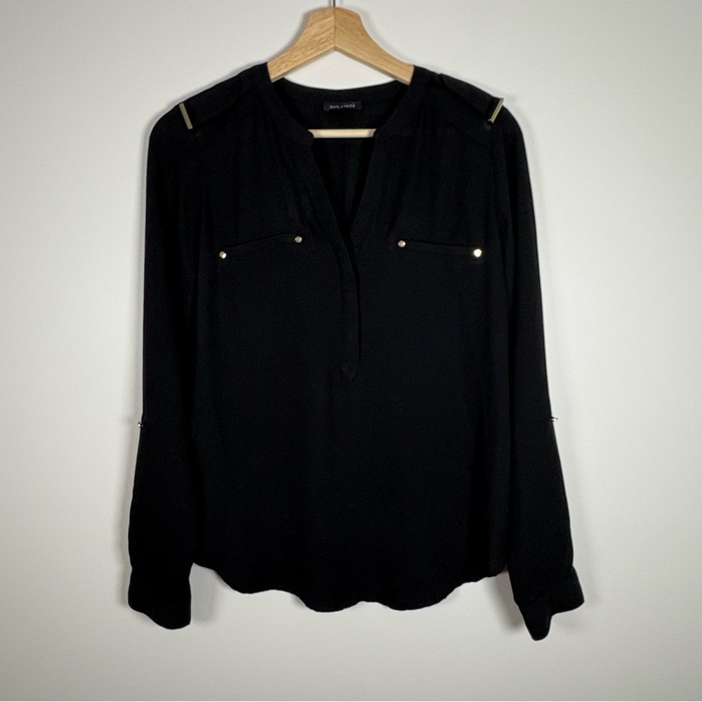 Dynamite Women’s Black Sheer Long Sleeve V-Neck Top, Size XS, Silver Accents